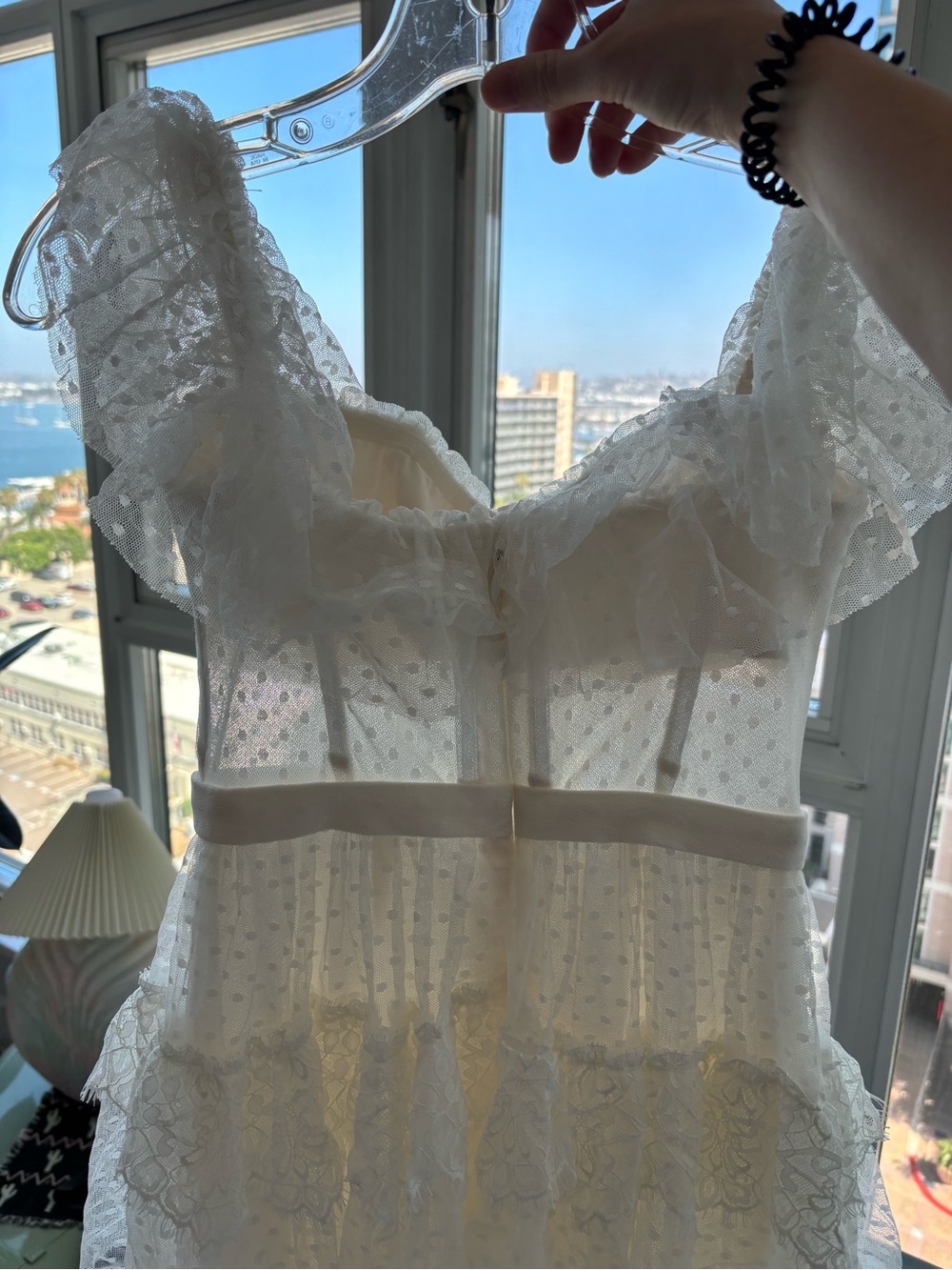 BCBGMaxAzria White Off-Shoulder Ruffled Tulle Dress - Picture 4 of 8